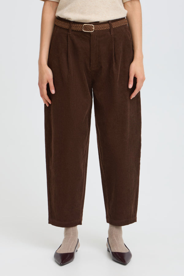 Fransa Calana Hot Fudge brown corduroy barrel leg trousers front view