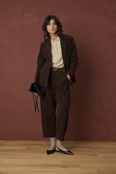 Fransa Calana Hot Fudge corduroy trousers styled with brown blazer