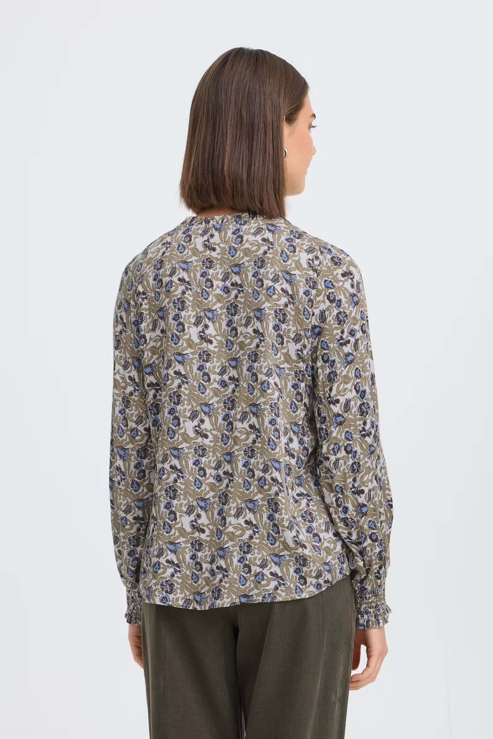 Back view of Fransa Gladis olive green and blue long sleeve blouse