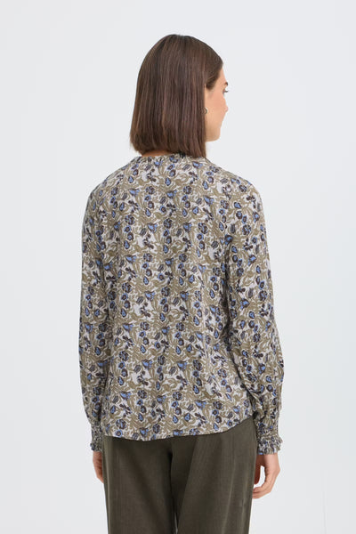 Back view of Fransa Gladis olive green and blue long sleeve blouse