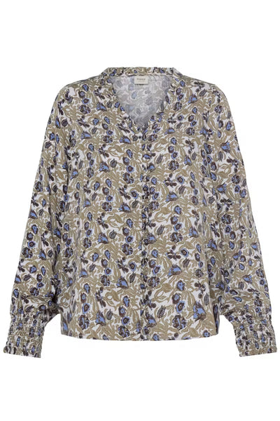 Fransa Gladis olive green floral V-neck blouse product front view