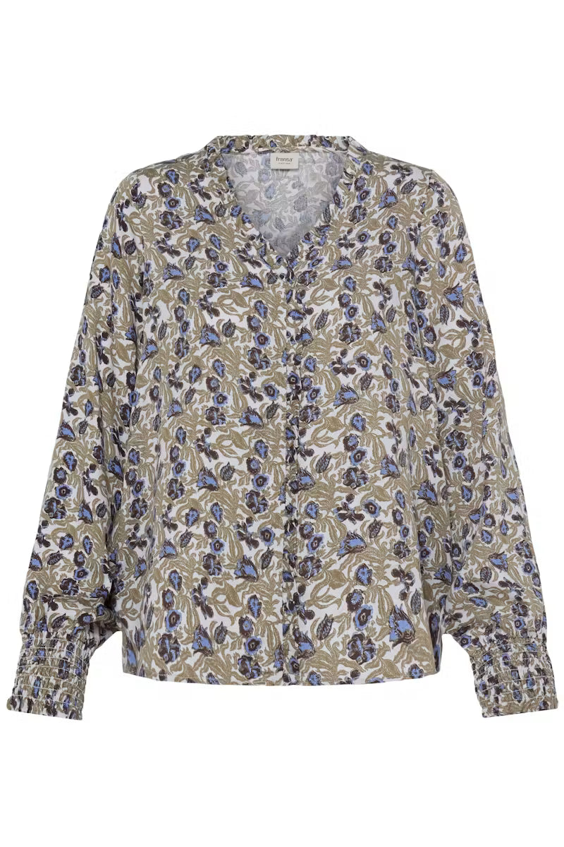 Fransa Gladis olive green floral V-neck blouse product front view