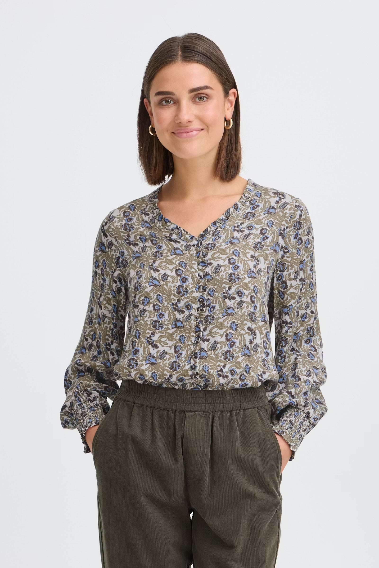 Fransa Gladis olive green and blue floral V-neck blouse front view