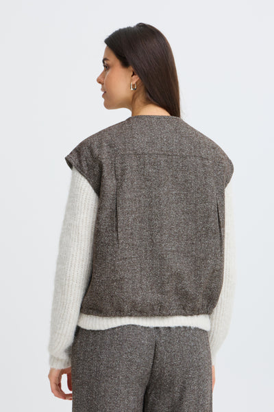 Back view of Fransa Vea brown herringbone boxy waistcoat