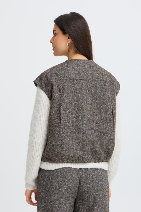 Back view of Fransa Vea brown herringbone boxy waistcoat