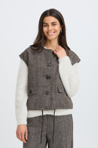 Fransa Vea Hot Fudge brown herringbone button waistcoat front view