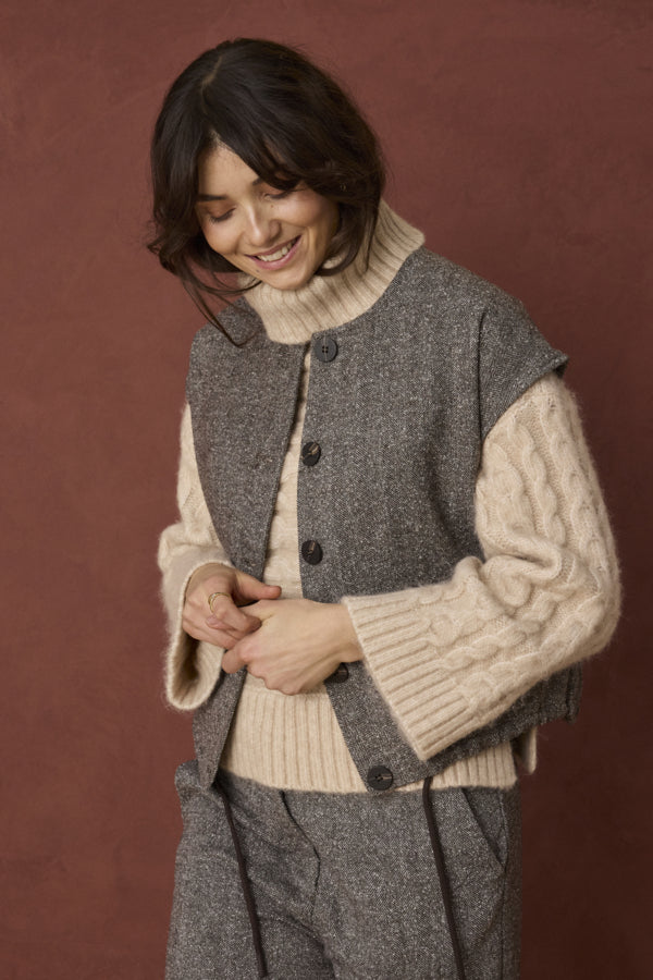 Fransa Vea Hot Fudge herringbone waistcoat layered over cream knit