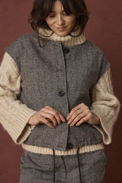 Fransa Vea Hot Fudge herringbone sleeveless jacket styled over roll neck jumper