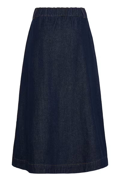 Close-up of Fransa Leslie dark blue denim skirt pleated front