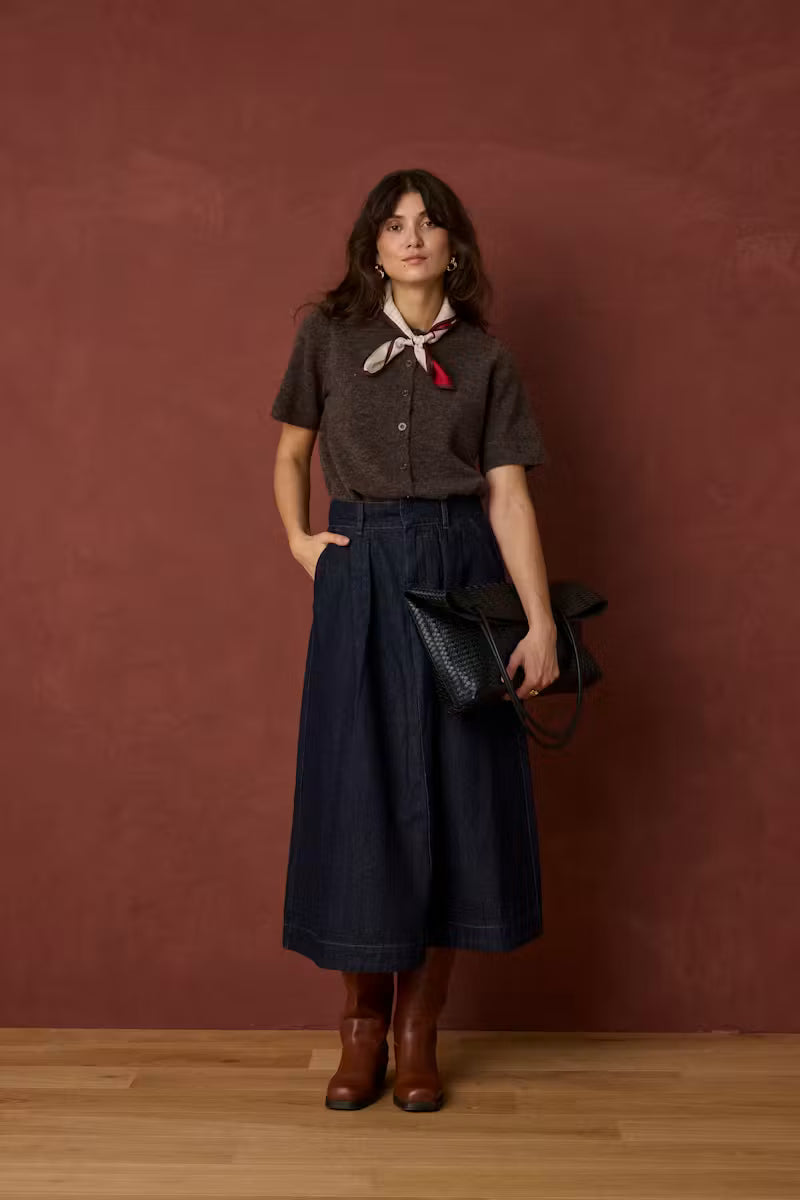 Fransa Leslie dark blue denim midi skirt styled with brown top