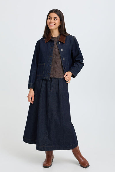 Fransa Leslie dark blue denim midi skirt styled with matching denim jacket