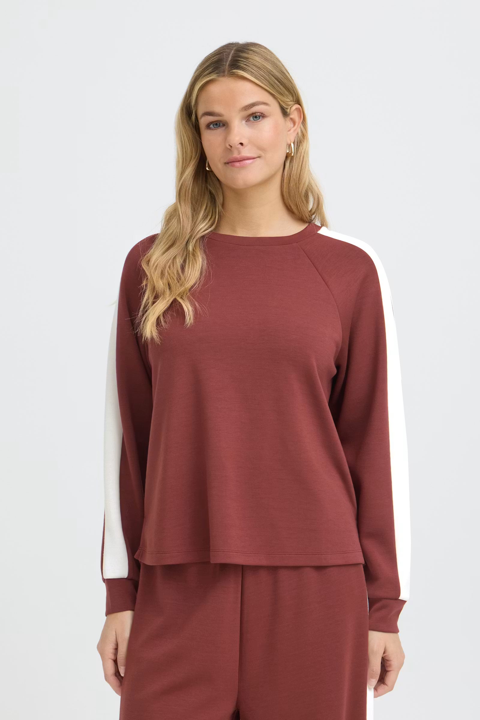 Fransa Aurora burnt orange and white contrast sleeve sweatshirt front view