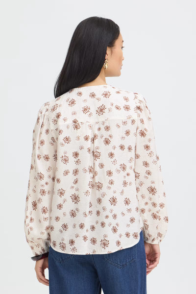 Back view of Fransa Kalia whisper white floral print long sleeve blouse