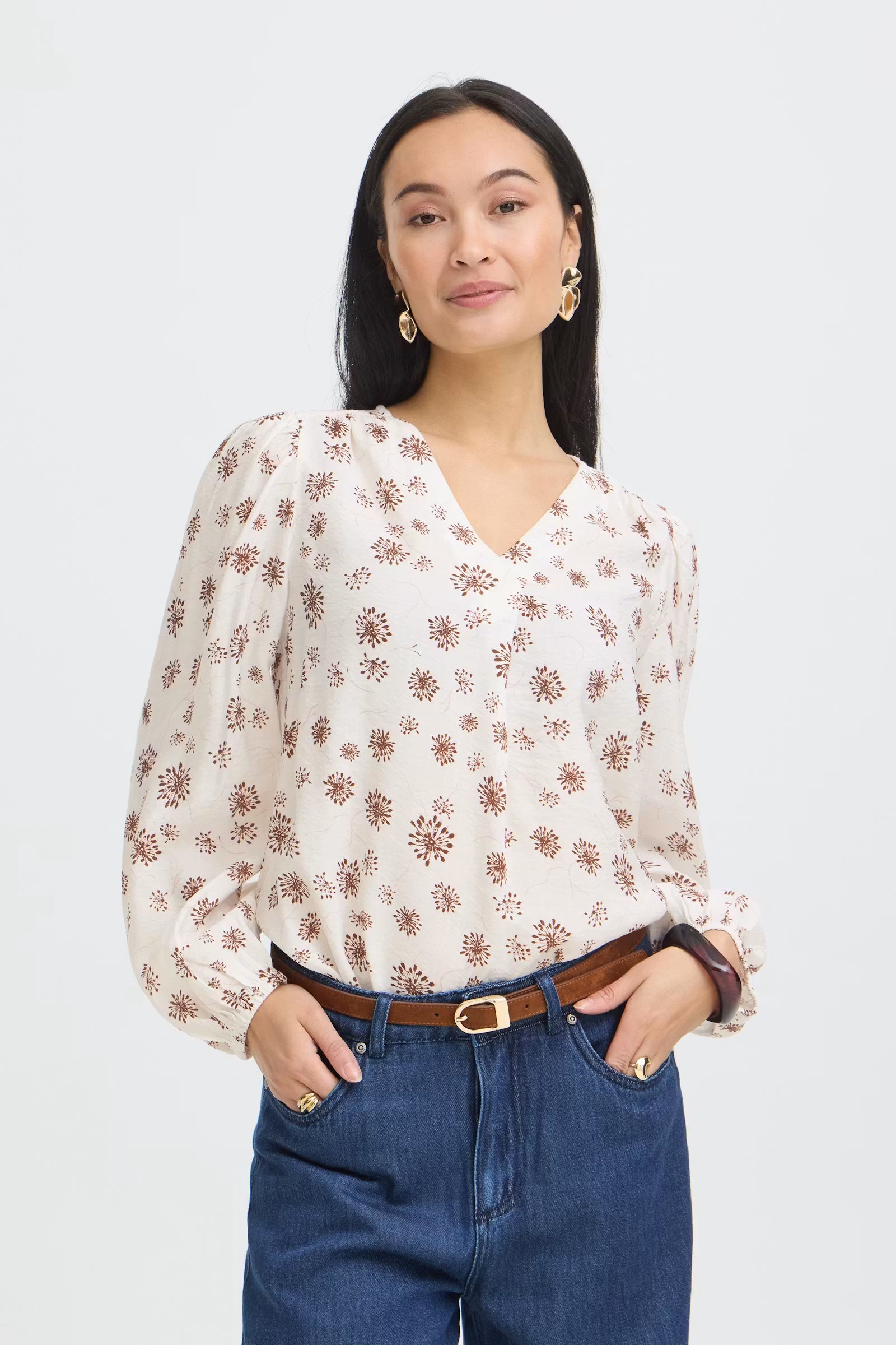 Fransa Kalia whisper white and red floral print blouse styled with dark blue jeans front view