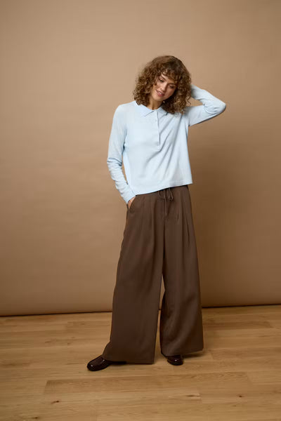 Fransa Veda brown wide leg trousers styled with a pale white knit top