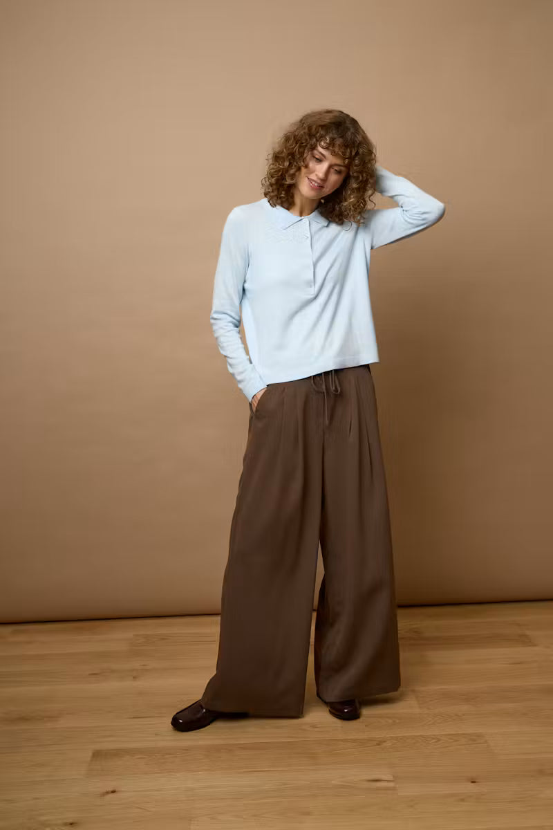 Fransa Veda brown wide leg trousers styled with a pale white knit top
