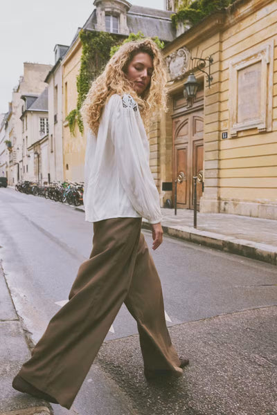Fransa Veda brown wide leg trousers styled with a white blouse on the street For every day wear
