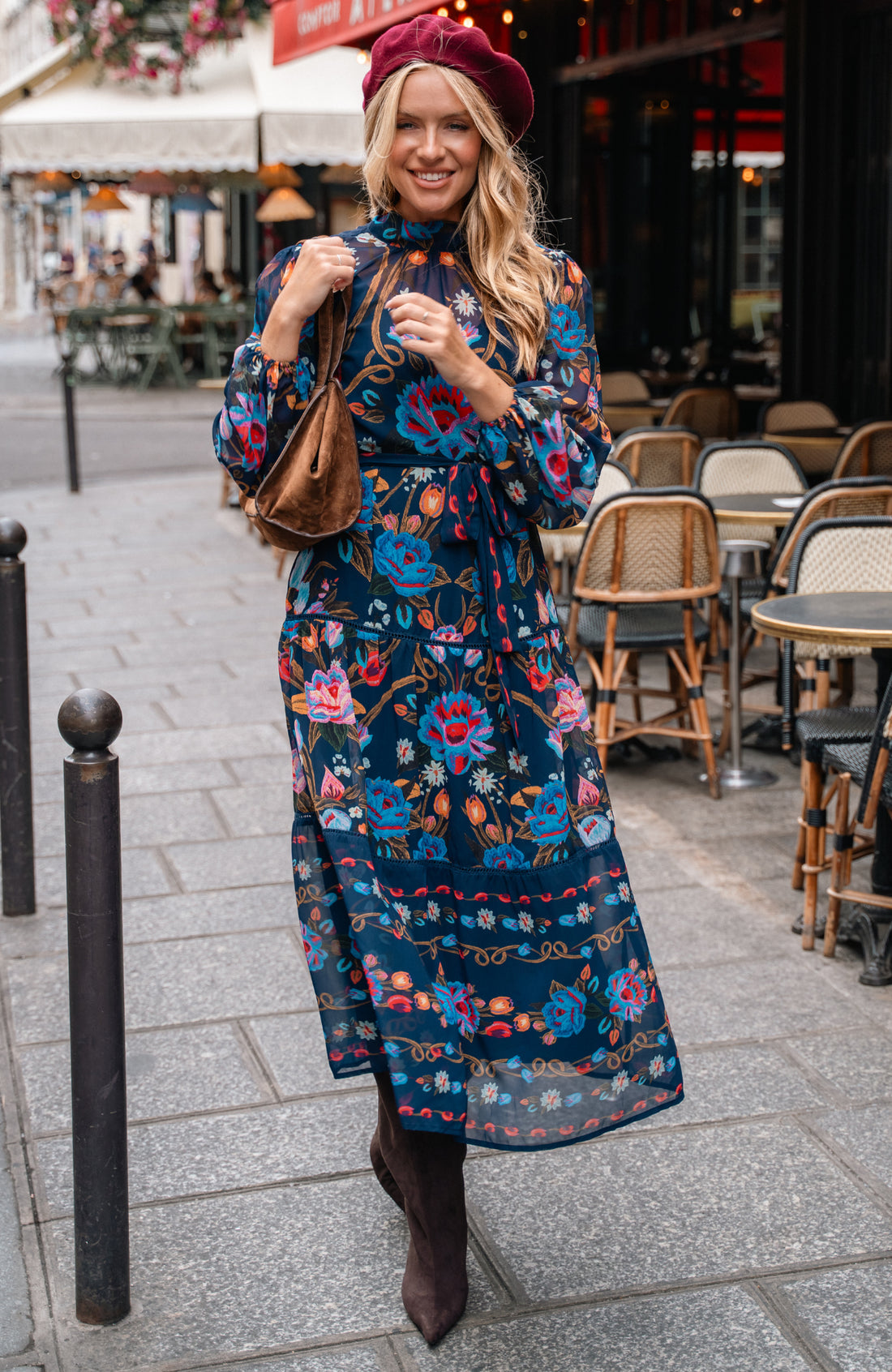 Hope & Ivy Twilla placement print midi dress styled outdoors front view