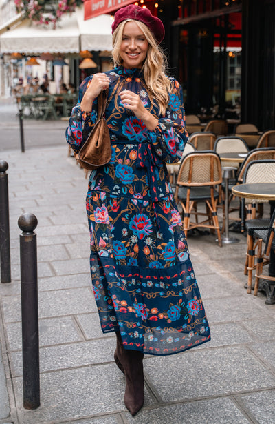 Hope & Ivy Twilla placement print midi dress styled outdoors front view