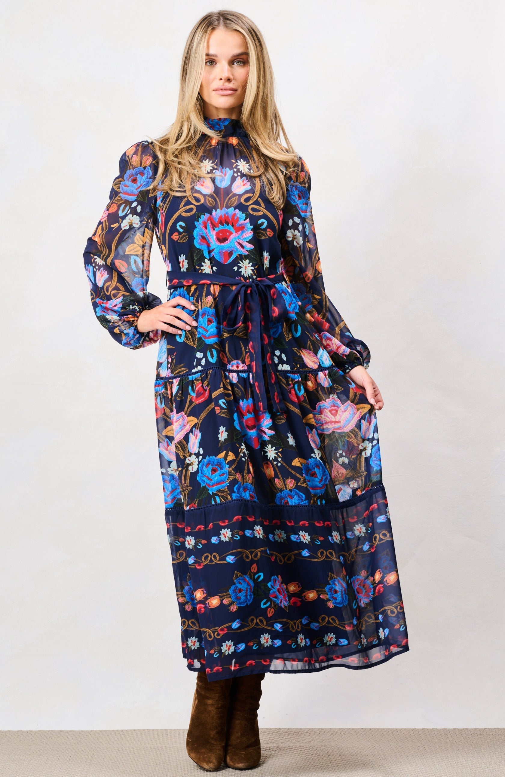 Hope & Ivy Twilla blue floral high neck midi dress front view