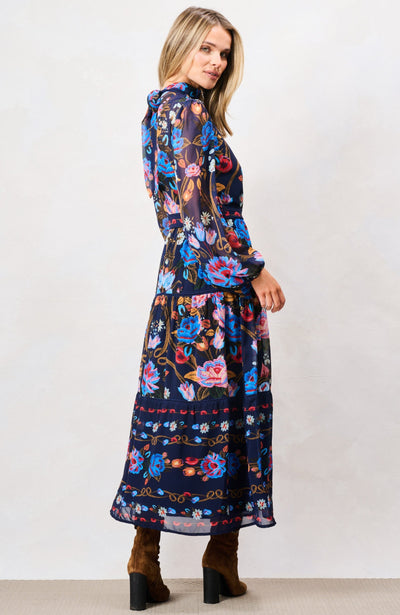 Side view of Hope & Ivy Twilla belted floral midi occasion dress