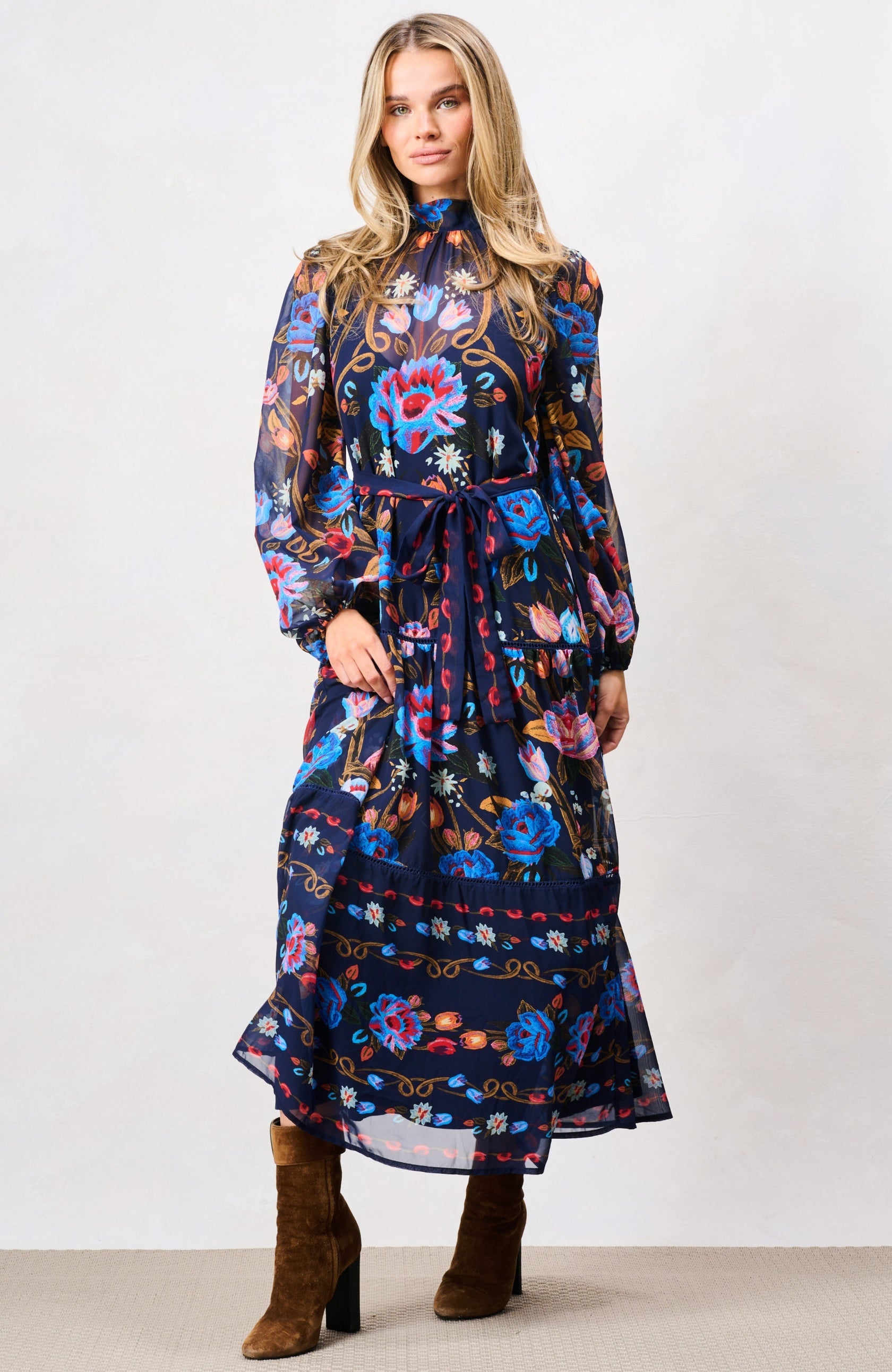 Hope & Ivy Twilla blue floral wedding guest midi dress full-length front view