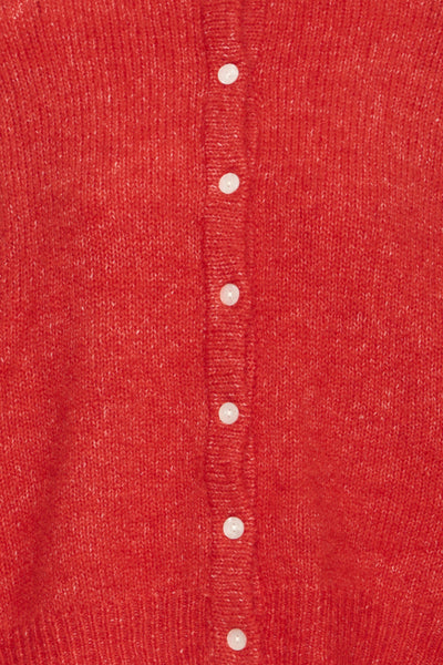 Close-up of ICHI Belablue Poinsetta red textured knit cardigan