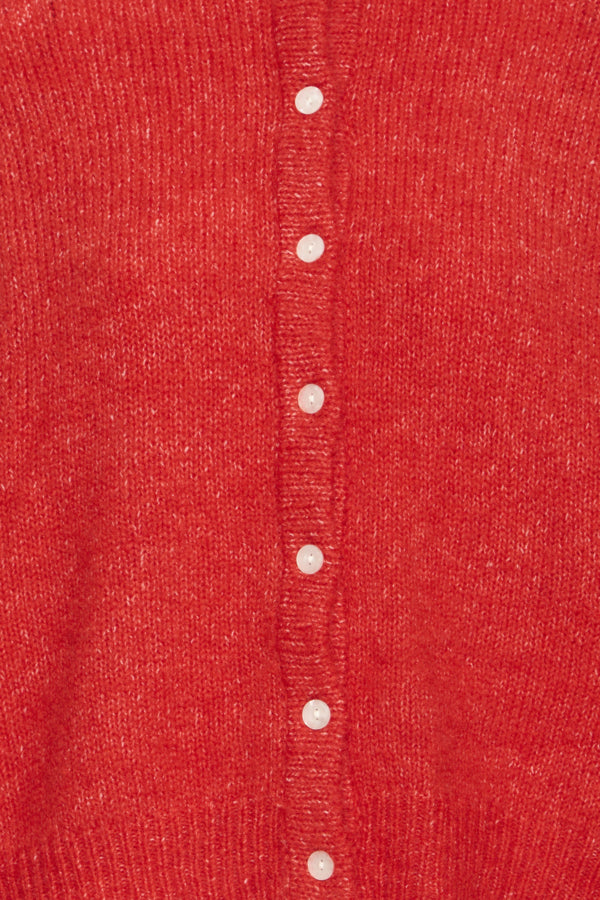 Close-up of ICHI Belablue Poinsetta red textured knit cardigan