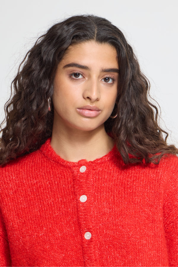 ICHI Belablue red crew neck cardigan close-up front view