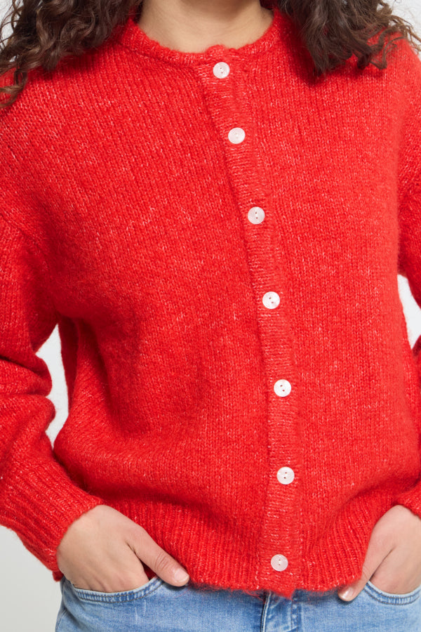 Close-up of ICHI Belablue red cardigan pale button fastening