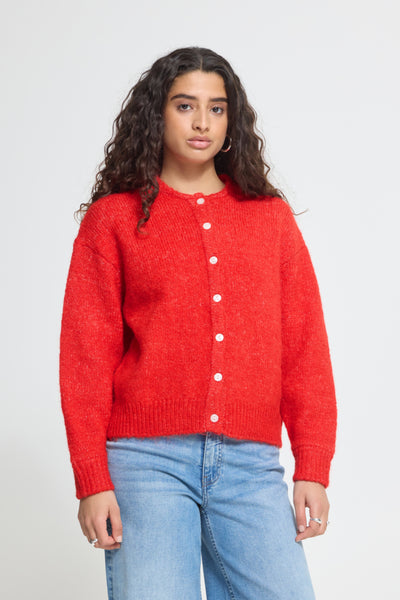 ICHI Belablue Poinsetta red button front knitted cardigan front view