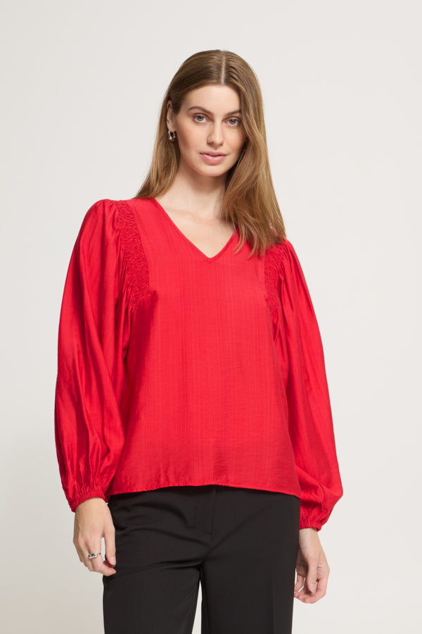 ICHI Imelda Poinsettia red V-neck balloon sleeve blouse front view