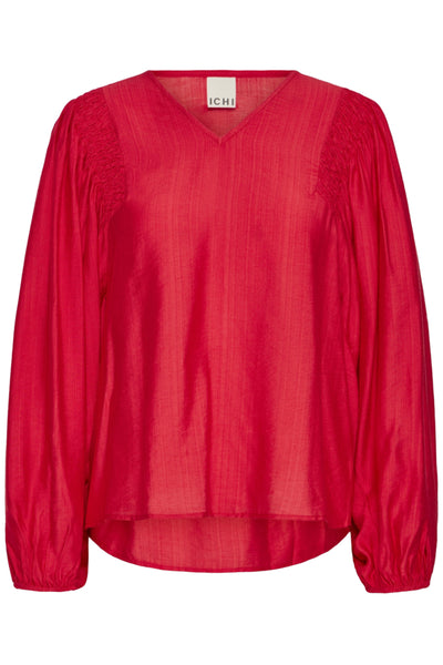 ICHI Imelda Poinsettia red balloon sleeve blouse front product view