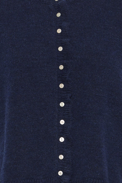 Close-up of ICHI Povoke navy knitted waistcoat contrast button fastening
