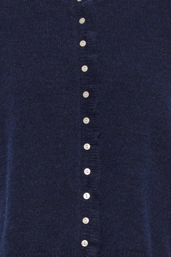Close-up of ICHI Povoke navy knitted waistcoat contrast button fastening