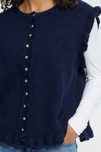 ICHI Povoke navy button front knitted waistcoat ruffle shoulder detail
