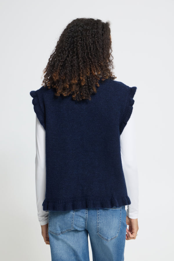 Back view of ICHI Povoke Total Eclipse navy ruffle trim knitted waistcoat