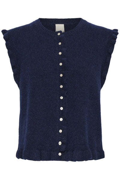 ICHI Povoke navy button front knitted waistcoat product front view