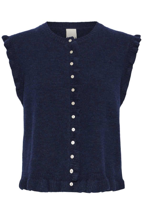 ICHI Povoke navy button front knitted waistcoat product front view
