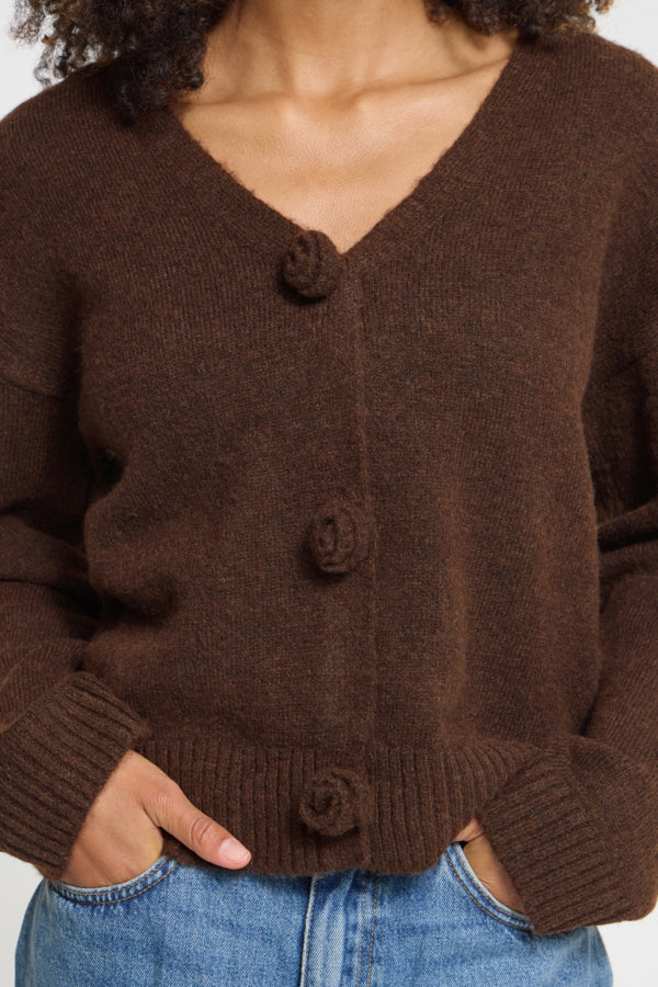Close-up of ICHI Povoke brown cardigan fabric-covered statement buttons