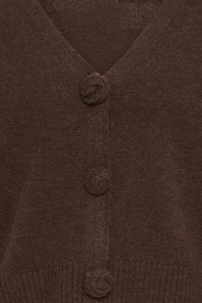 Close-up of ICHI Povoke brown knit cardigan covered button detail