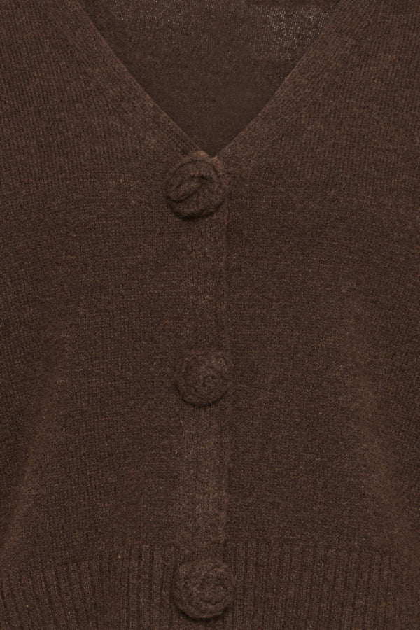 Close-up of ICHI Povoke brown knit cardigan covered button detail
