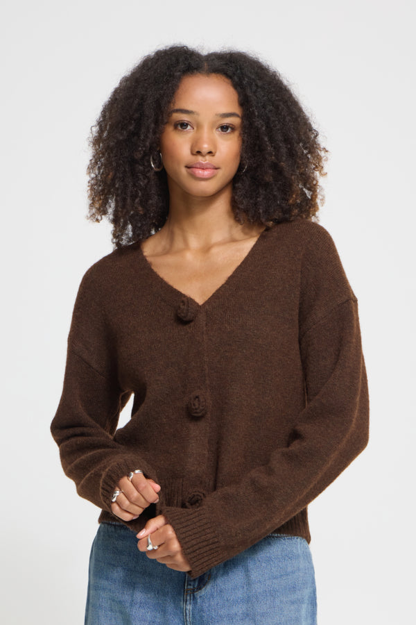 ICHI Povoke Chicory Coffee brown V-neck cardigan front view