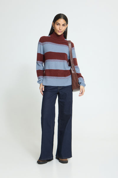 ICHI Edeen brown and blue high neck jumper styled with navy trousers