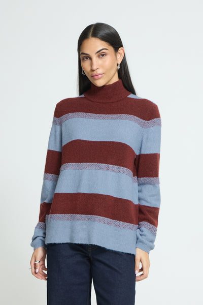 ICHI Edeen madder brown and pale blue striped jumper front view