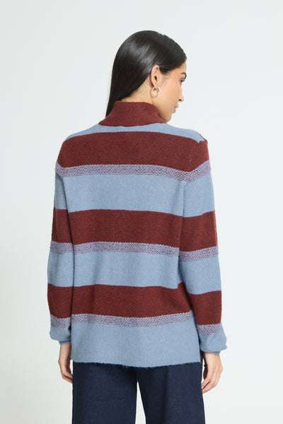 Back view of ICHI Edeen brown and blue striped jumper