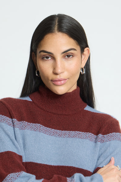 Close-up of ICHI Edeen striped turtle neck jumper