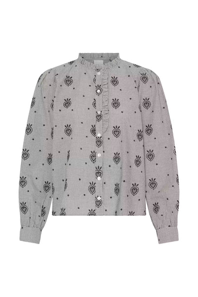 ICHI Heloza ruffle neck check blouse product front view