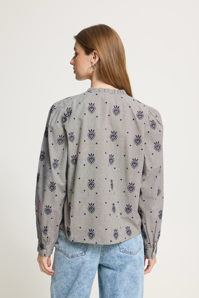Back view of ICHI Heloza birch and dark blue long sleeve blouse