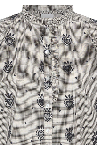 ICHI Heloza birch blouse button front and frill trim close-up